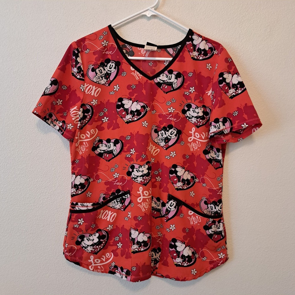 Disney Mickey Minnie Mouse Red Valentine Scrub Top V-Neck WM12T745LA Small